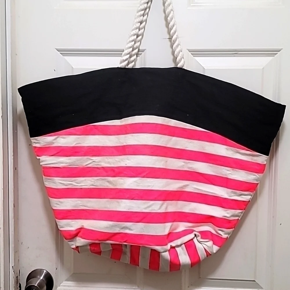 Victoria's Secret Tote Bag Women's 22 x 19 Pink‎ White Striped Canvas Beach Bag